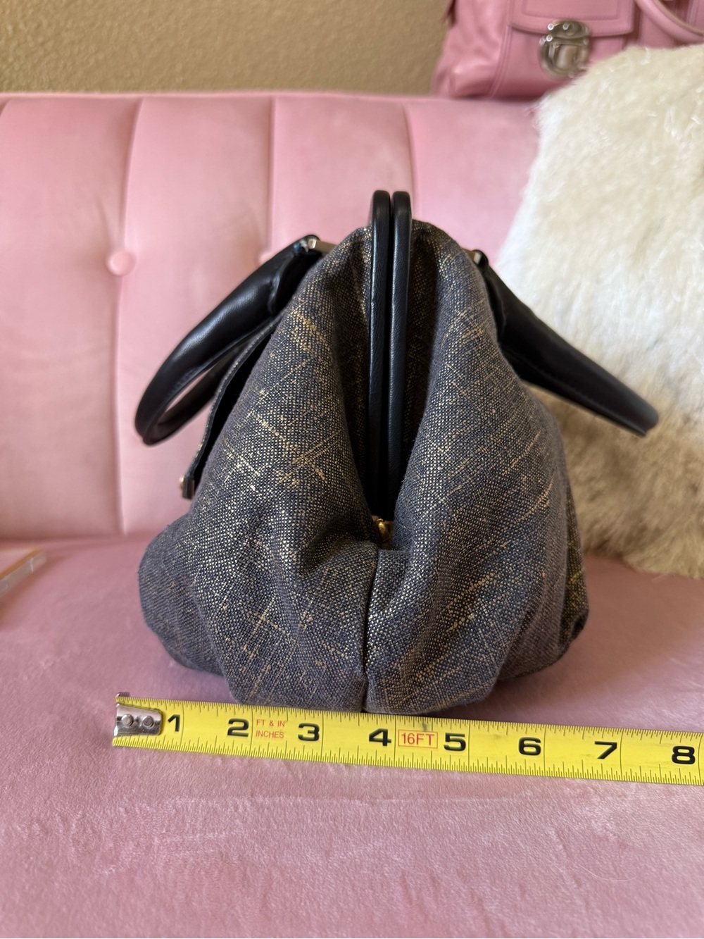 Halston Heritage Brushed Denim/Gold Doctors Bag w Leather Trim & Gold Hardware - Picture 8 of 16